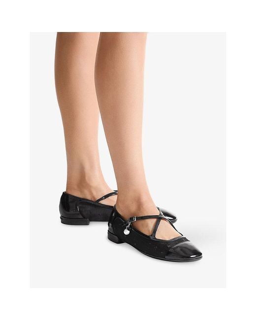 Jimmy Choo Black Eleri Crossover-Strap Patent-Leather And Mesh Ballet Flats
