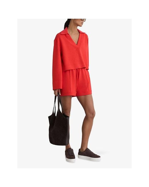 Reiss Red Bea Premium Interlock Open-Collar Sweatshirt