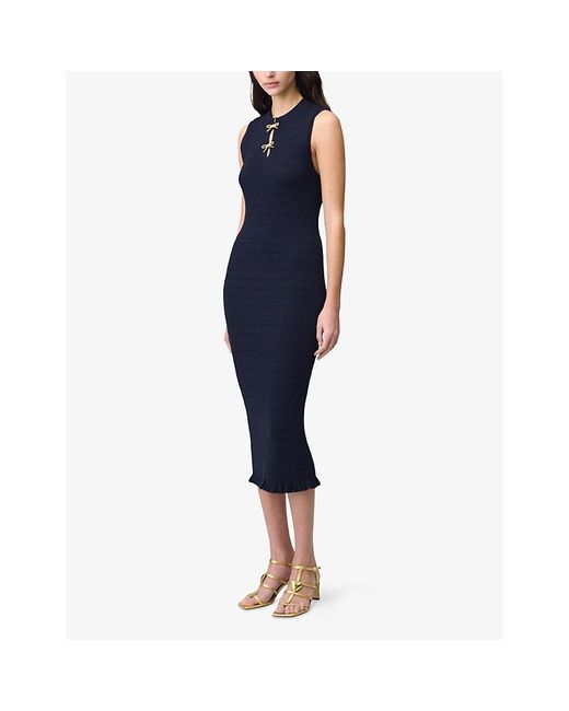 Claudie Pierlot Blue Bow-Embellished Sleeveless Knitted Midi Dress