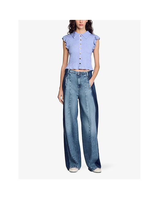 Sandro Blue Stripe-Print Smocked Woven Top