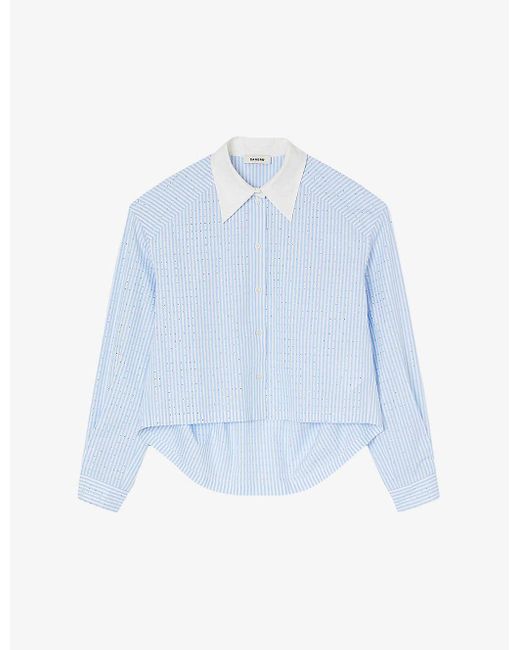 Sandro Blue Rhinestone-embellished Striped Cotton Shirt