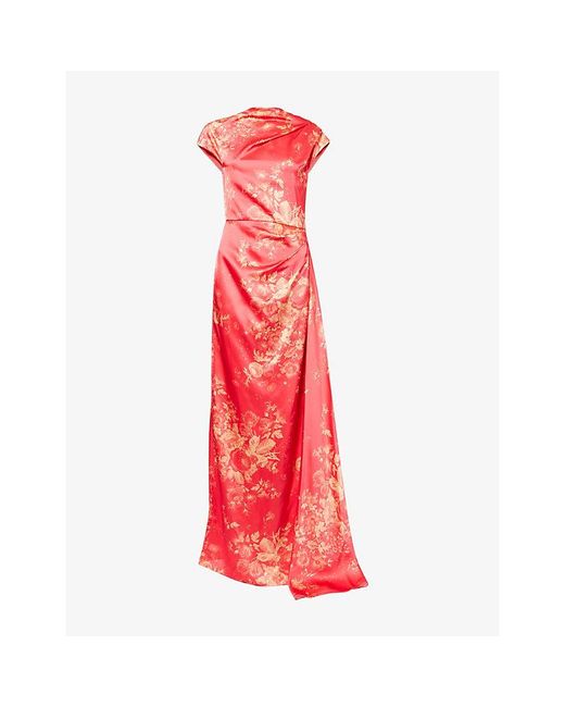 Erdem Red Draped Floral Satin Maxi Dress