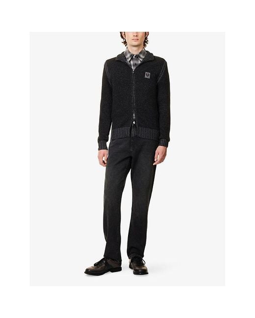 Belstaff Blue Logo-Patch Ribbed Wool Cardigan for men