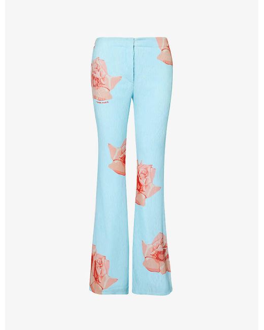 KENZO Blue Floral-print Flared-leg Woven Trousers