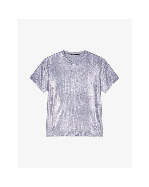 Maje Blue Short-sleeve Metallic-lamé Stretch-woven T-shirt
