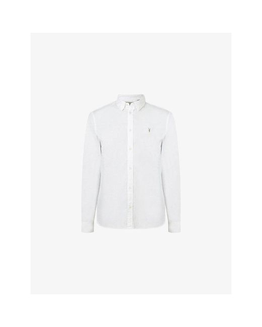 AllSaints White Hawthorne Logo-Embroidered Slim-Fit Stretch Cotton Shirt for men
