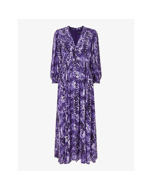 Whistles Purple Glossy Leopard-print Long-sleeve Woven Midi Dress