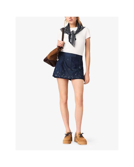 Maje Blue Layered Sequin-Embroidered Denim Shorts