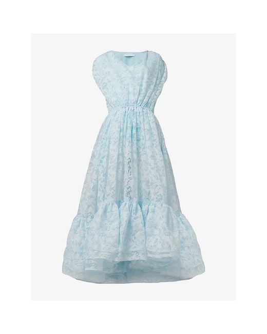 eem Blue Floral-Devoré Ruffled-Hem Woven Midi Dress