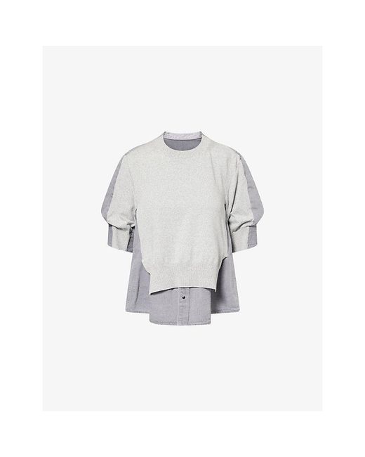 Sacai Gray Short-Sleeve Layered Cotton-Knit And Denim Top