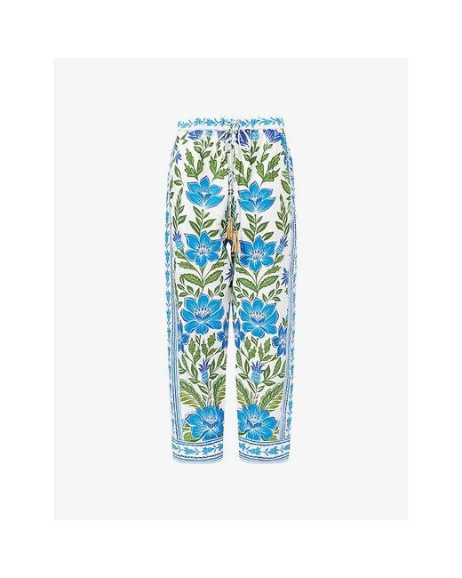 Farm Rio Blue Tropicance Drawstring Linen-Blend Trousers
