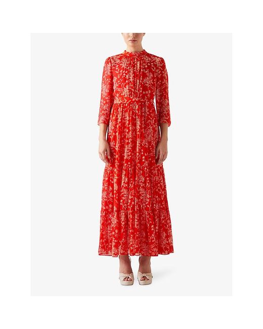 L.K.Bennett Red Olivia Floral-print Silk Maxi Dress