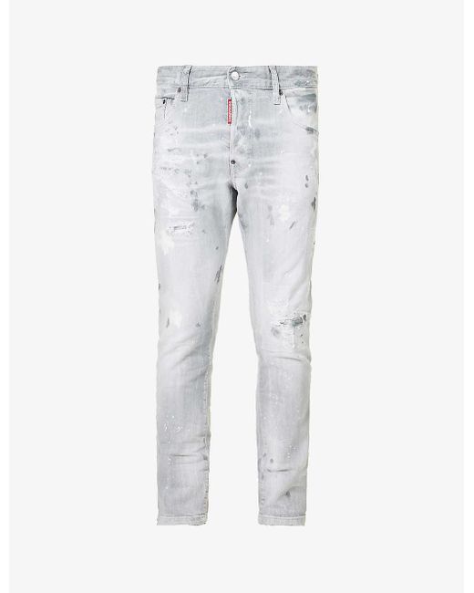 DSquared² Gray Abstract-print Slim-fit Distressed Stretch-denim Jeans for men