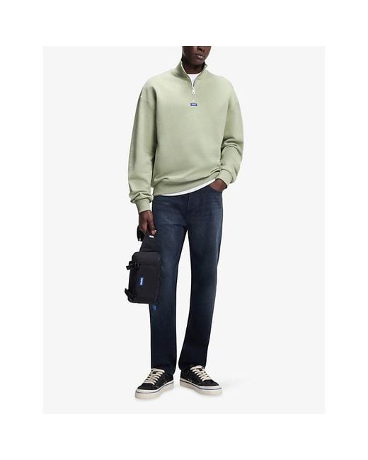 HUGO Green Logo-Patch Quarter-Zip Cotton-Terry Sweatshirt for men