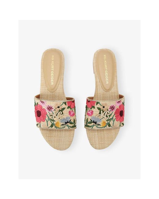 KG by Kurt Geiger Pink Rosetta Embroidered Flat Raffia Sandals