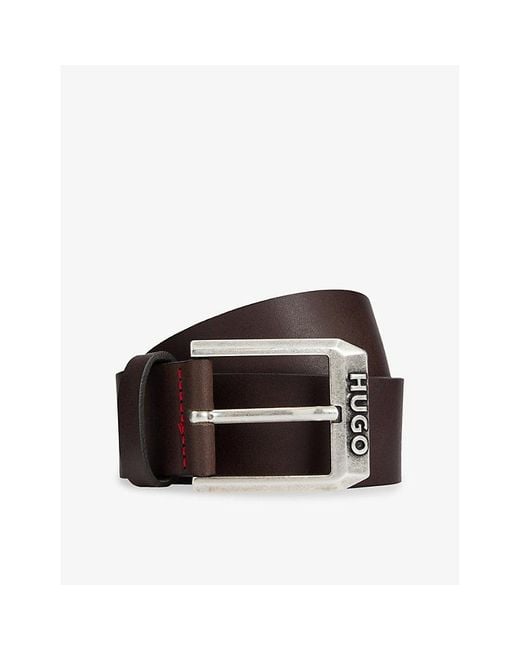HUGO Brown Logo-Embossed Leather Belt for men