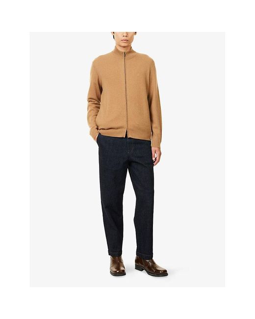 Emporio Armani Brown Funnel-Neck Embroidered-Logo Cashmere-Knit Cardigan for men