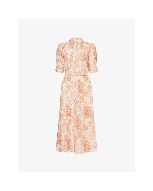 ME+EM Pink Pointed-Collar Floral Woven Midi Dress
