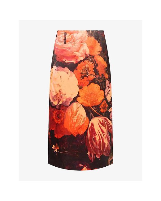 Dries Van Noten Orange Floral-Print Satin Midi Skirt