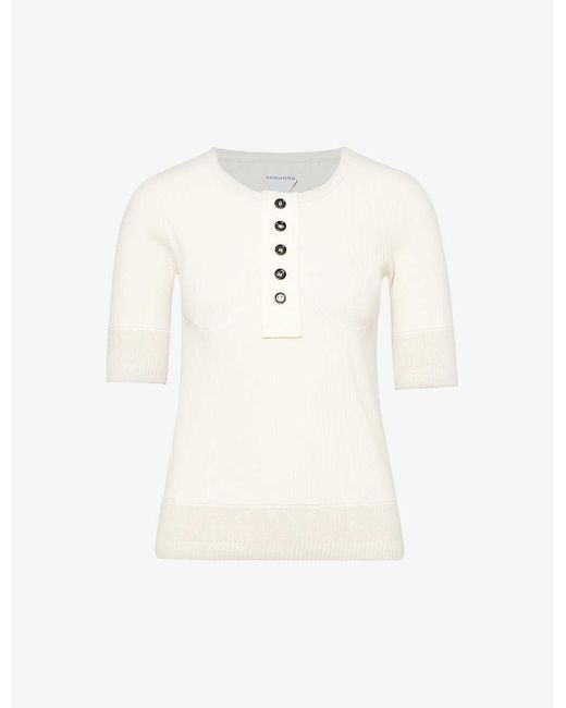 Bottega Veneta White Henley-button Cropped-sleeve Stretch-cotton Jersey T-shirt