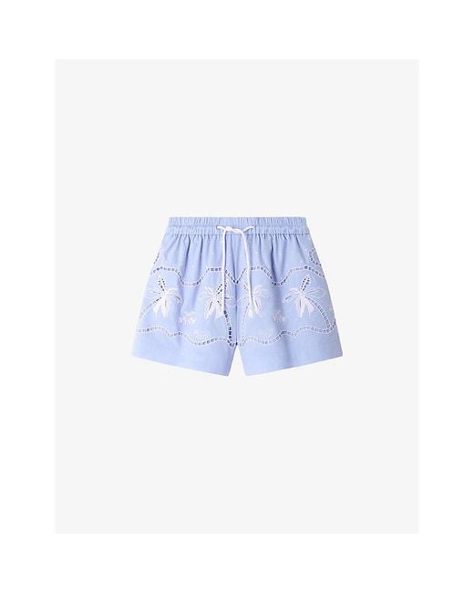 Sandro Blue Embroidered Drawstring-Waist Cotton Shorts