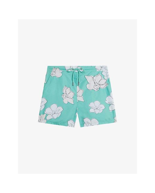 Ted Baker Blue Ampbell Floral-Print Recycled-Polyester Swim Shorts for men