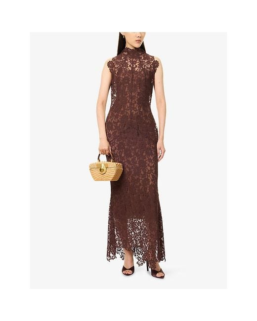 De La Vali Brown Ainhoa Floral-Embroidered Lace Maxi Dress