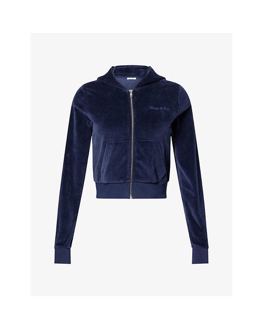 Sporty & Rich Blue Signature-Logo Krystal Zip Velour Hoody