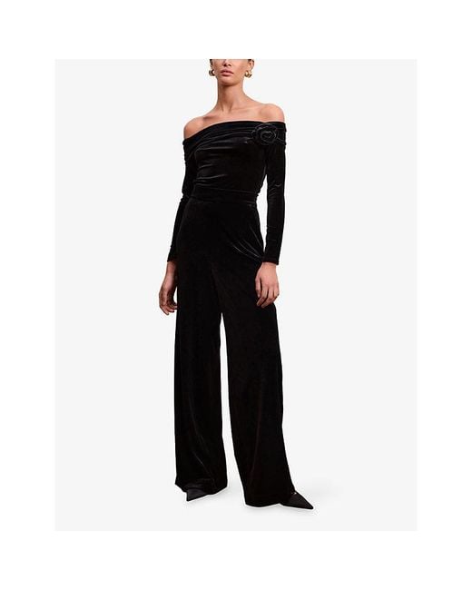 OMNES Black Livia Wide-Leg High-Rise Stretch-Velvet Trousers