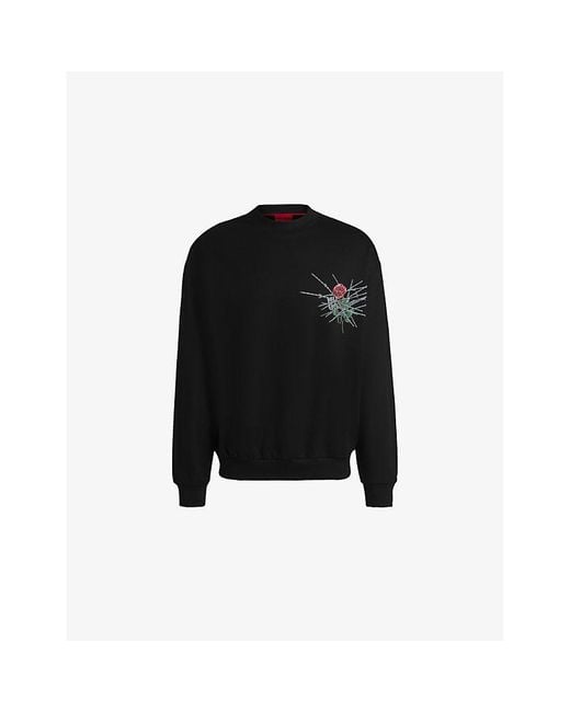 HUGO Black Branded-Print Crewneck Cotton-Jersey Sweatshirt for men