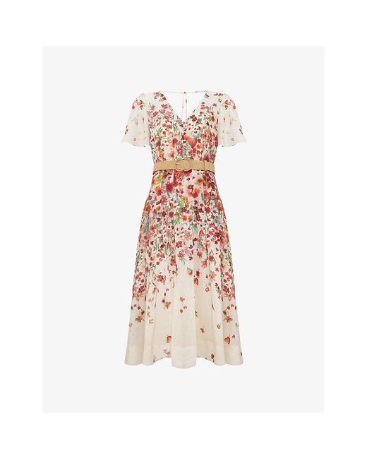 Phase Eight Natural Lovette Floral-Print Linen-Blend Midi Dress