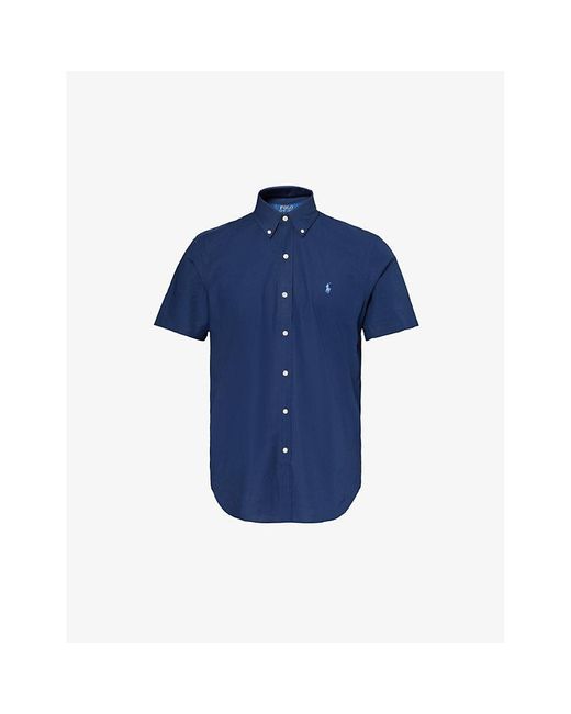Polo Ralph Lauren Blue Logo-embroidered Custom-fit Short-sleeve Cotton Shirt for men