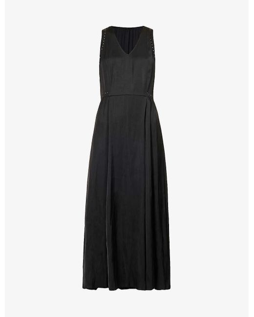 IKKS Black Stud-embellished Flared-hem Satin Maxi Dress