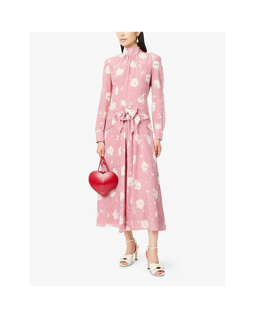 Alessandra Rich Pink Floral High-Neck Silk Midi Dress