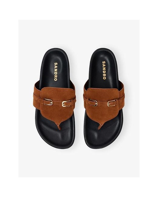 Sandro Brown Buckle-Embellished Toe-Post Suede Sandals