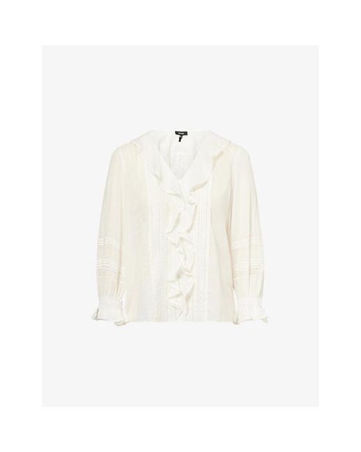 ME+EM White V-Neck Ruffle-Trim Cotton-Voile Blouse