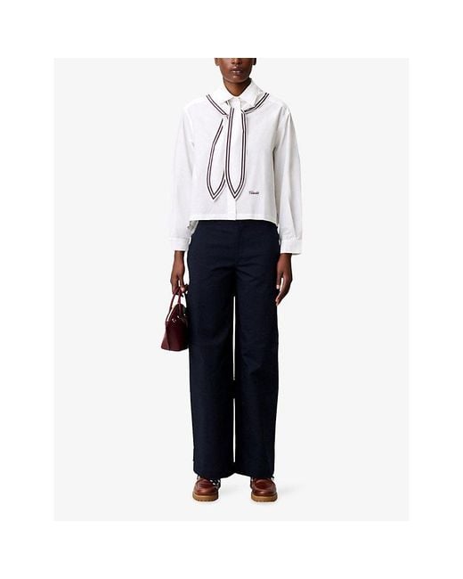 Claudie Pierlot White Scarf-Detail Brand-Embroidered Cotton-Poplin Shirt