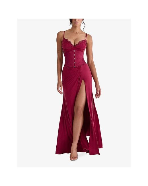 House Of Cb Red Sabrine Lace-Trim Stretch-Jersey Maxi Dress