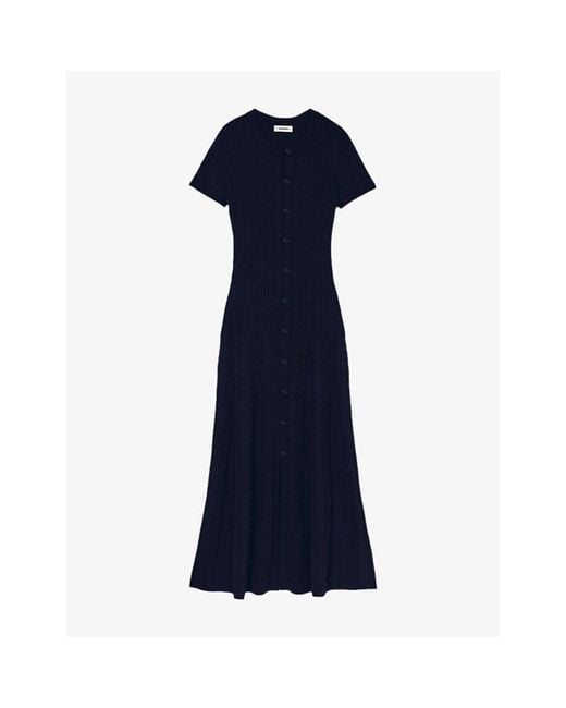 Sandro Blue Round-Neck Button-Down Stretch-Knit Maxi Dress