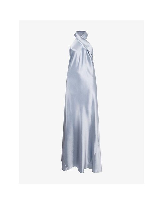 Galvan Blue Crop Pandora Satin Maxi Dress