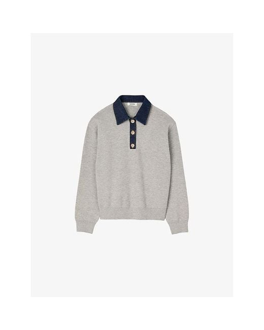 Sandro Gray Denim Button-Down Polo-Collar Knitted Jumper