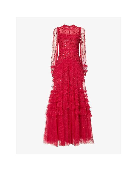 Needle & Thread Red Maybelle Sequin-embellished Ruffle-trim Woven Maxi Dress