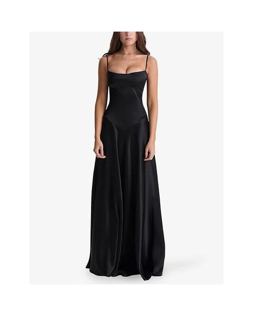 House Of Cb Black Anabella Fitted-Bodice Lace-Up Satin Maxi Dress