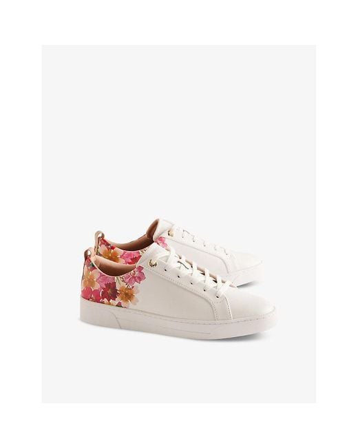 Ted Baker White Alissn Floral-print Leather-blend Low-top Trainers