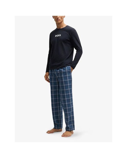 Boss Black Logo-Print Check Cotton Blend Pyjama Set for men