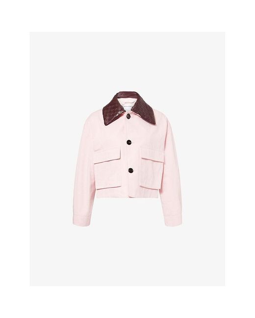 Bottega Veneta Pink Intrecciato-Collar Irregular Twill Cropped Cotton Jacket