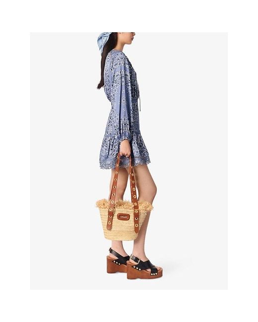 Maje Blue Bandana-Pattern Long-Sleeved Woven Mini Dress