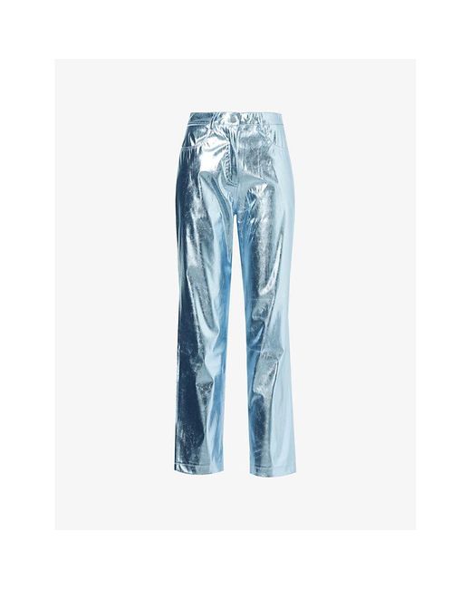 Amy Lynn Blue Metallic Straight-leg High-rise Faux-leather Trousers