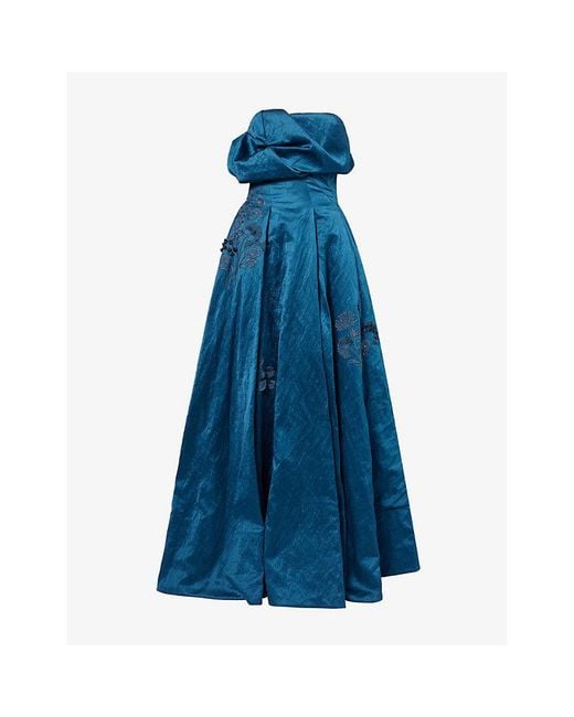 Erdem Blue Embroidered Textured Satin Maxi Dress