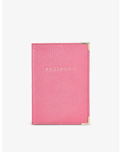 Aspinal Pink 'passport' Foil-print Pebble Leather Passport Cover 14cm